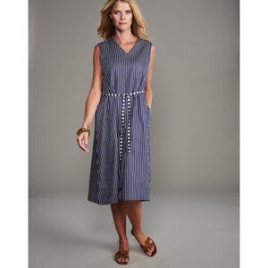 Claridge + King || V-Neck Sleeveless Shirtdress Poplin Navy Stripe Tie Large NWT